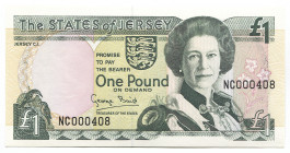 Jersey 1 Pound 1993 (ND)
P# 21a; # NC000408; Elizbeth II; UNC