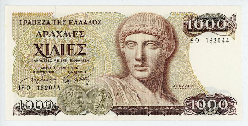 Greece 1000 Drachmes 1987
P# 202a; # 182044; "Apollo & Ruins of Olympia"; UNC