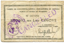 Italy Campo di Concentramento Prigioneiri die Guerra Fonte D'Amore di Sulmona 1 Lira 1940 - 1945 (ND) Cancelled Note
# 007056; Lagergeld; F-VF