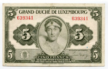 Luxembourg 5 Francs 1944 (ND)
P# 43a; # 639341; Charlotte; VF-XF