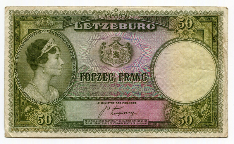 Luxembourg 50 Francs 1944 (ND)
P# 46a; # D086924; Charlotte; VF+