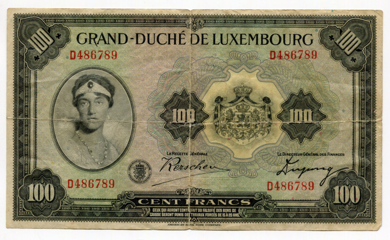 Luxembourg 100 Francs 1944 (ND)
P# 47a; # A389552; Charlotte; VF