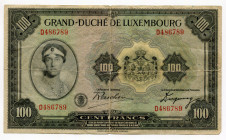 Luxembourg 100 Francs 1944 (ND)
P# 47a; # A389552; Charlotte; VF