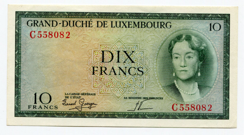 Luxembourg 10 Francs 1961
P# 51a; # A 680635; Charlotte; AUNC