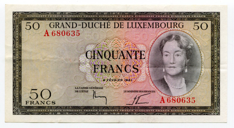 Luxembourg 50 Francs 1961
P# 51a; # A 680635; Charlotte; AUNC