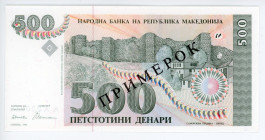 Macedonia 500 Denari 1993 Specimen
P# 13s; # AA 000018; UNC