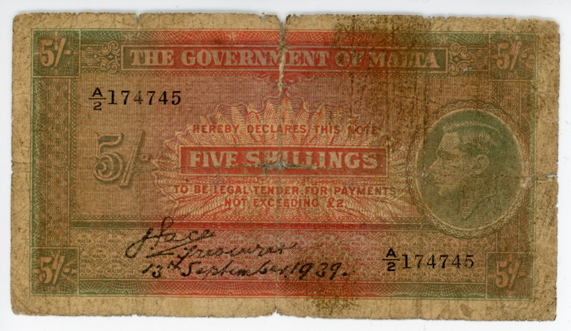 Malta 5 Shillings 1939
P# 12; # A/2 174745; George VI; F-VF