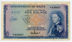 Malta 5 Pounds 1949 (1961)
P# 27a; #A/1 839057; Signature D. A. Shepherd; VF