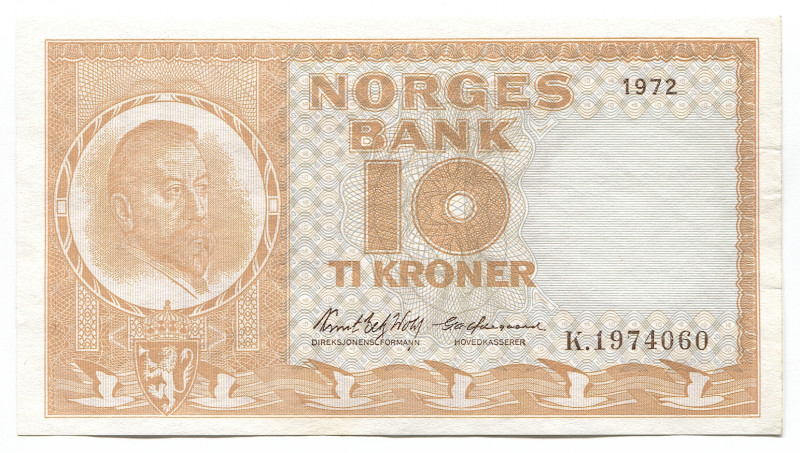 Norway 10 Kroner 1972
P# 31f; # K 1974060; AUNC-UNC