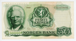 Norway 50 Kroner 1969
P# 37a; #C1679690; Signature Brofoss and Petersen; VF