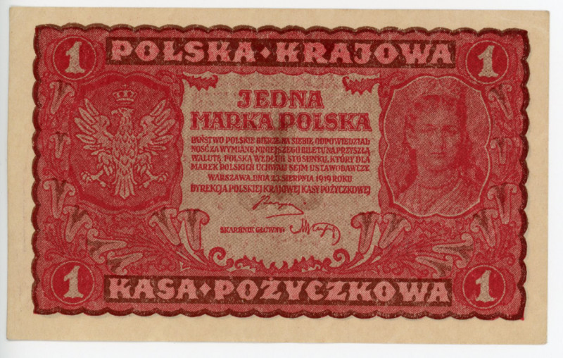 Poland 1 Marka 1919
P# 23; # I EH 164146; 1st Republic; UNC