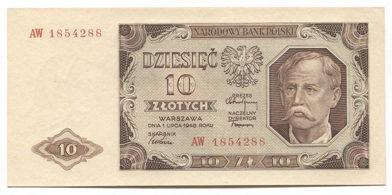 Poland 10 Zlotych 1948
P# 136; # AW 1854288; UNC/UNC-