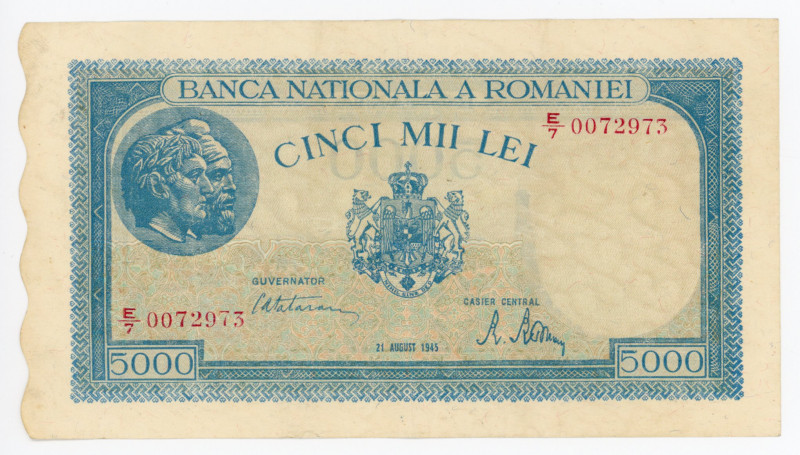 Romania 5000 Lei 1945
P# 56a; N# 206915; # E/7 0072973; AUNC