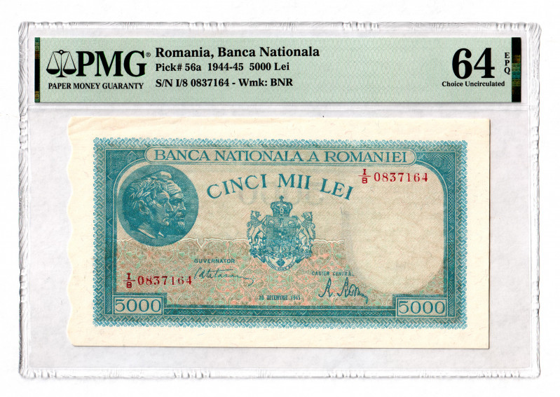 Romania 5000 Lei 1945 PMG 64 EPQ
P# 56a; UNC