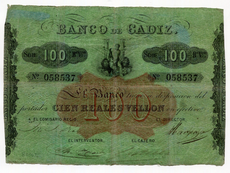 Spain Banco de Cadiz 100 Reales De Vellon 1863 (ND)
P# S291; # 058537; F-VF