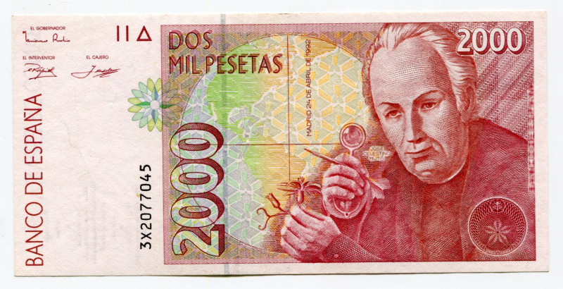 Spain 2000 Pesetas 1992 (1996)
P# 164; # 3X2077045; Juan Carlos I; UNC