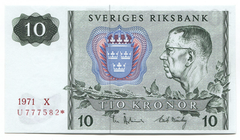 Sweden 10 Kronor 1971
P# 52c.r1; Replacement Note; # U 777582*; UNC