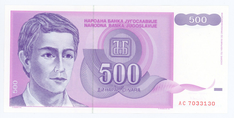 Yugoslavia 500 Dinara 1992
P# 113; # AC7033130; Pale purple and lilac. Young ma...