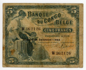 Belgian Congo 5 Francs 1944
P# 13Ac; N# 220630; # W362126; VF