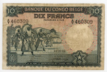 Belgian Congo 10 Francs 1952
P# 14E; N# 259106; # A/T 460309; Léopold III; VF