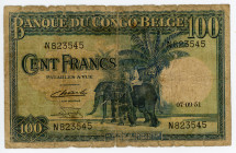 Belgian Congo 100 Francs 1951
P# 17d; # N823545; G-VG