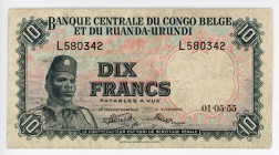 Belgian Congo 10 Francs 1955
P# 30a; N# 205882; # L580342; XF-