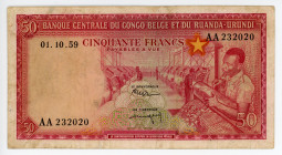 Belgian Congo 50 Francs 1959
P# 32; N# 259285; # AA 232020; VF-XF