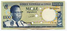 Congo Democratic Republic 1000 Francs 1964 Cancelled Note
P# 8a; XF+