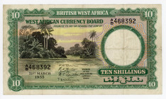 British West Africa 10 Shillings 1953
P# 9a; # A/B 468392; Elizabeth II; VF