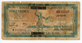 Burundi 20 Francs 1965
P# 10; # K370507; VF-