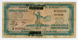 Burundi 20 Francs 1966
P# 15; #K380598; Overprint: DE LA REPUBLIQUE and YA REPUBLIKA; F-VF