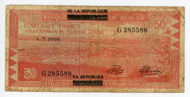 Burundi 50 Francs 1966
P# 16b; #G285588; Overprint on #11b; Overprint: DE LA REPUBLIQUE and YA REPUBLIKA; F