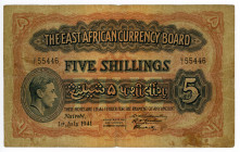 East Africa 5 Shillings 1941
P# 28a; # U/1 55446; F