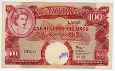 East Africa 100 Shillings 1958 - 1960 (ND)
P# 40a; # L37036; Elizabeth II; VF+