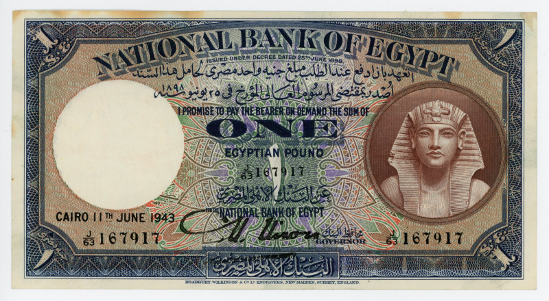 Egypt 1 Pound 1943
P# 22c; # J/63 167917; aUNC; Signature Nixon