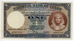Egypt 1 Pound 1945
P# 22e; # 182165; Farouk I; XF-AUNC