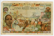 Equatorial African States 5000 Francs 1963
P# 86b; # E.186 805; 'D' GABON; VG-F