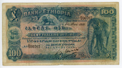 Ethiopia 100 Thalers 1932
P# 10; #D/1 00767; Elephant at right; Pinholes; VF