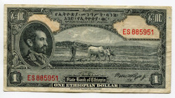 Ethiopia 1 Dollar 1945 (ND)
P# 12c; Signature: Walter Henry Rozell Jr. (WHR); # ES885951; F/VF