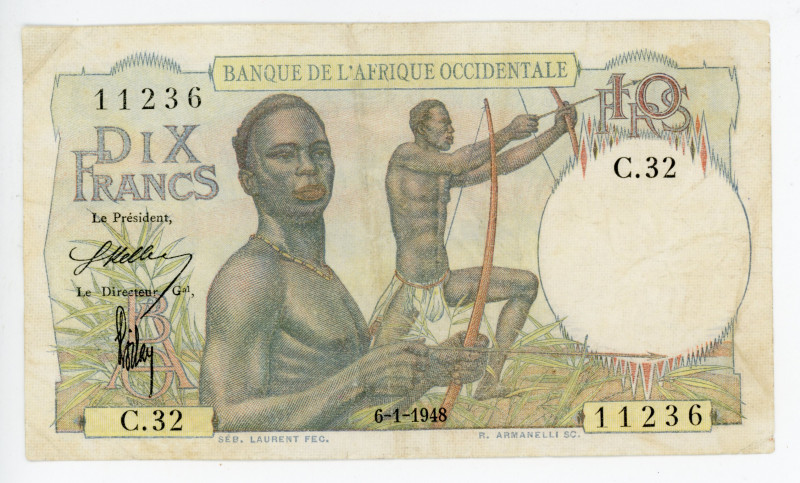 French West Africa 10 Francs 1948
P# 37; #C.32 11236; VF