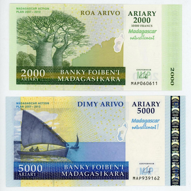 Madagascar 2000 & 5000 Ariary 2007 - 2008
P# 93; 94; Set 2 Pcs; UNC