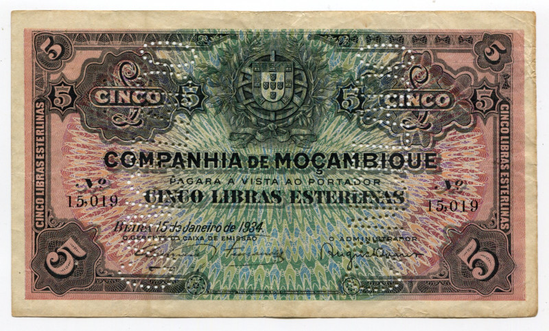 Mozambique 5 Libras 1934 Cancelled
P# 32; #15019; VF