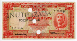 Mozambique 100 Escudos 1958 Cancelled
P# 107; N# 278023; # B1522934; With handstamp "INUTILIZAD"; VF