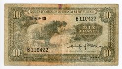 Rwanda - Burundi 10 Francs 1960
P# 2a; N# 215008; # B 110422; VF-