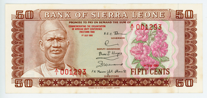 Sierra Leone 50 Cents 1980
P# 9; # A/1 001293; COMMEMORATIVE; UNC