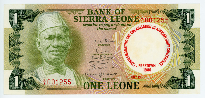 Sierra Leone 1 Leone 1980
P# 10; # A/1 001225; COMMEMORATIVE; aUNC-UNC