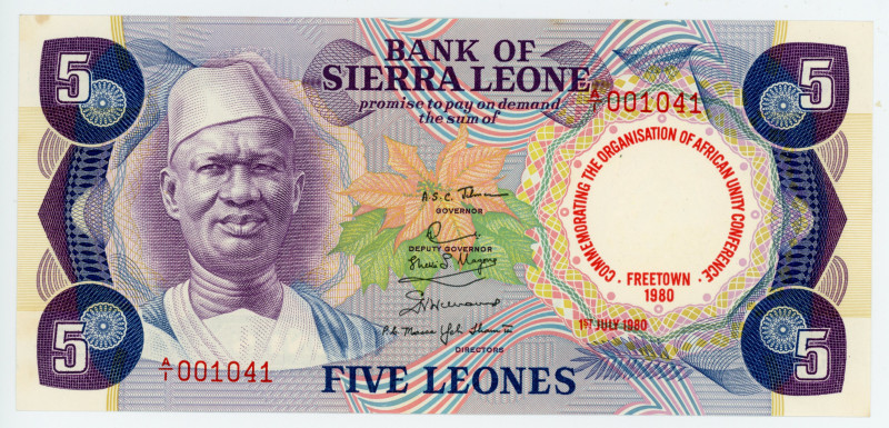 Sierra Leone 5 Leone 1980
P# 12; # A/1 001041; COMMEMORATIVE; UNC