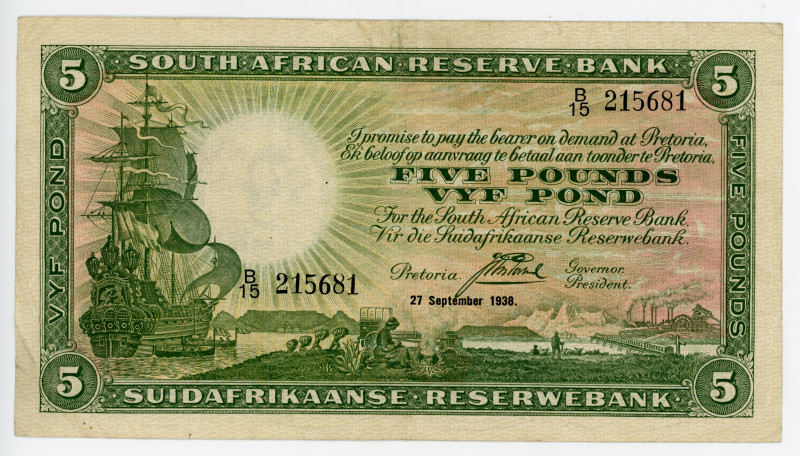 South Africa 5 Pounds 1938
P# 86b; # B/15 215681; VF