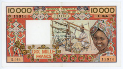 West African States Ivory Coast 10000 Francs 1977 - 1992
P# 109Aj; # G.046 19816; "A" IVORY COAST; SIGNATURE 22; XF