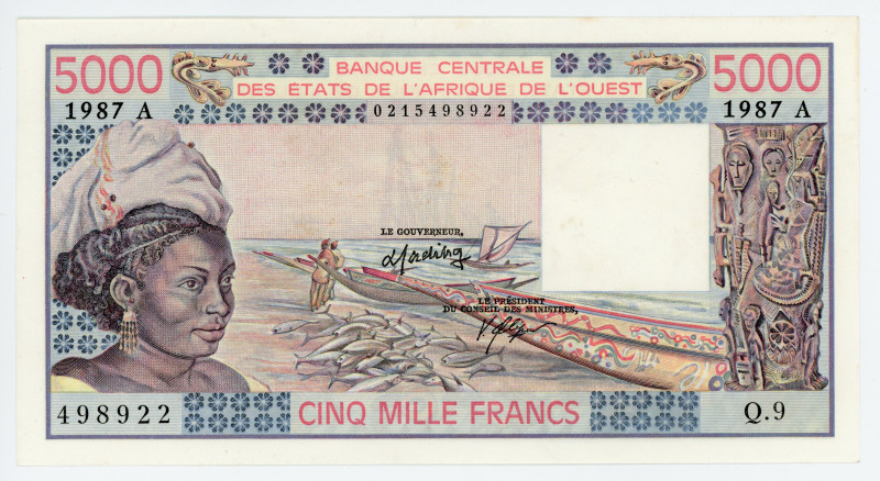 West African States Ivory Coast 5000 Francs 1987
P# 162; # Q.9 498922; "A" IVOR...